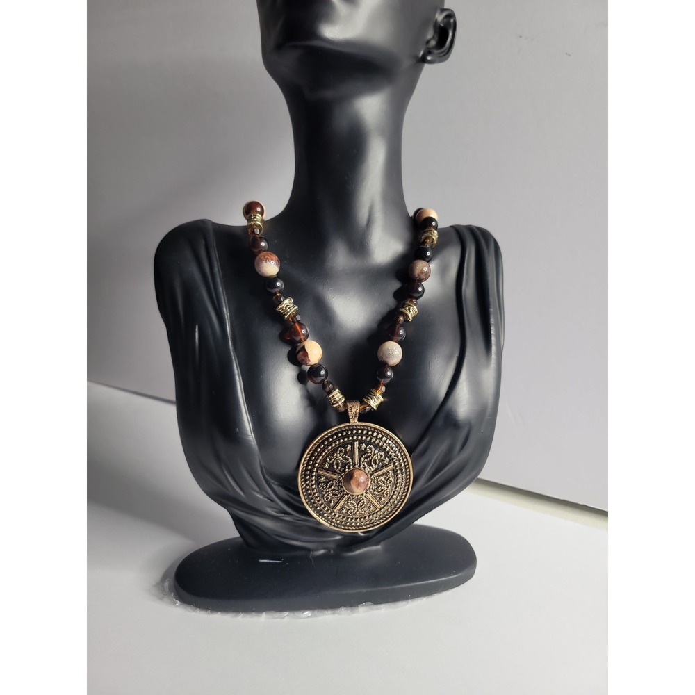 Boho Beaded Necklace Large Tribal Medallion Pendant Brown Gold Tone Artisan Styl